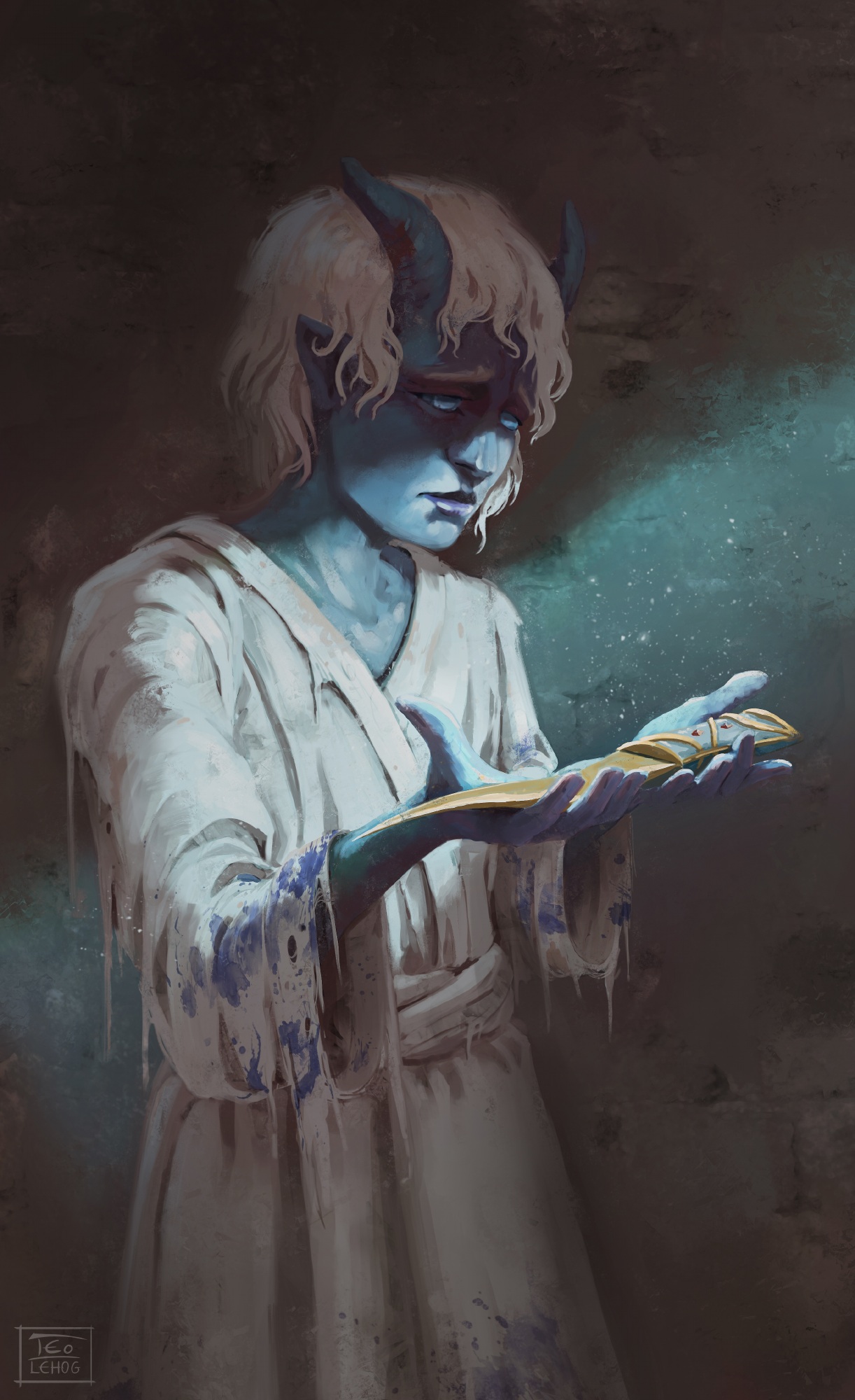 Illustration de couverture de Nienh : personnage aux cheveux clairs tenant un objet doré dans ses mains.